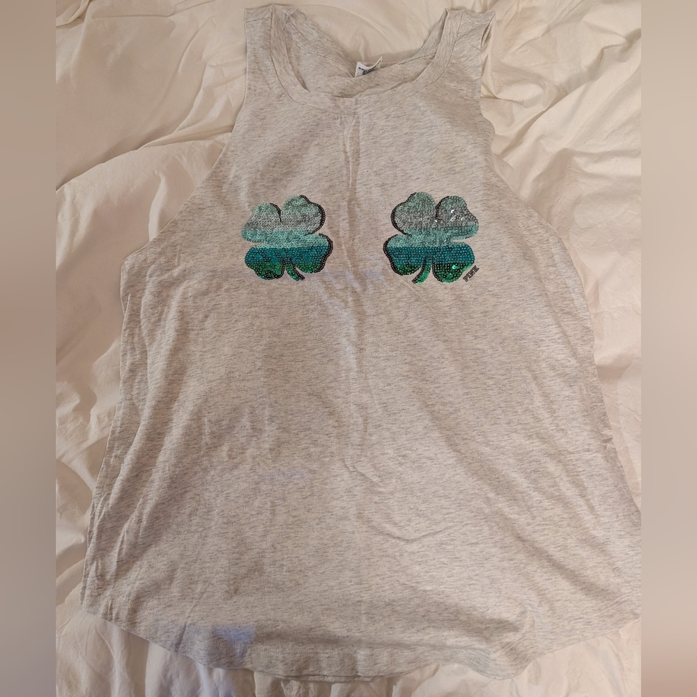 PINK Victoria's Secret Gray Tank Top with Green Shamrocks